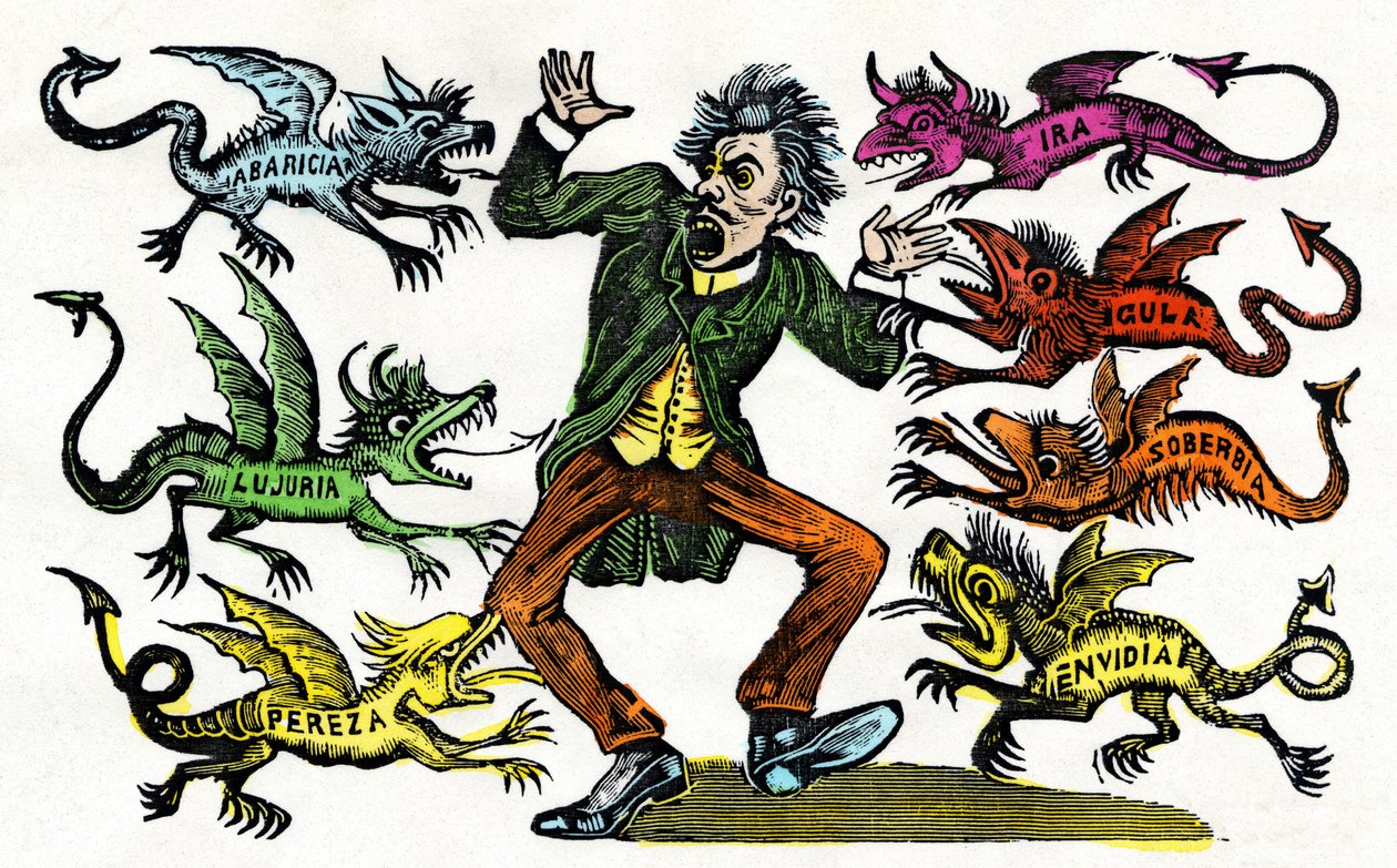 ホセ・グアダルペ・ポサダ（1852年-1913年）：七つの大罪の寓意。水彩キシログラフィック・エングレーヴィング。メキシコ 作： ホセ・グアダルーペ・ポサダ