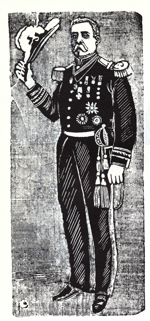 メキシコ共和国大統領ポルフィリオ・ディアス（1828-1915）の肖像。キシログラフィーはホセ・グアダルーペ・ポサダ（1852-1913）。 作： ホセ・グアダルーペ・ポサダ
