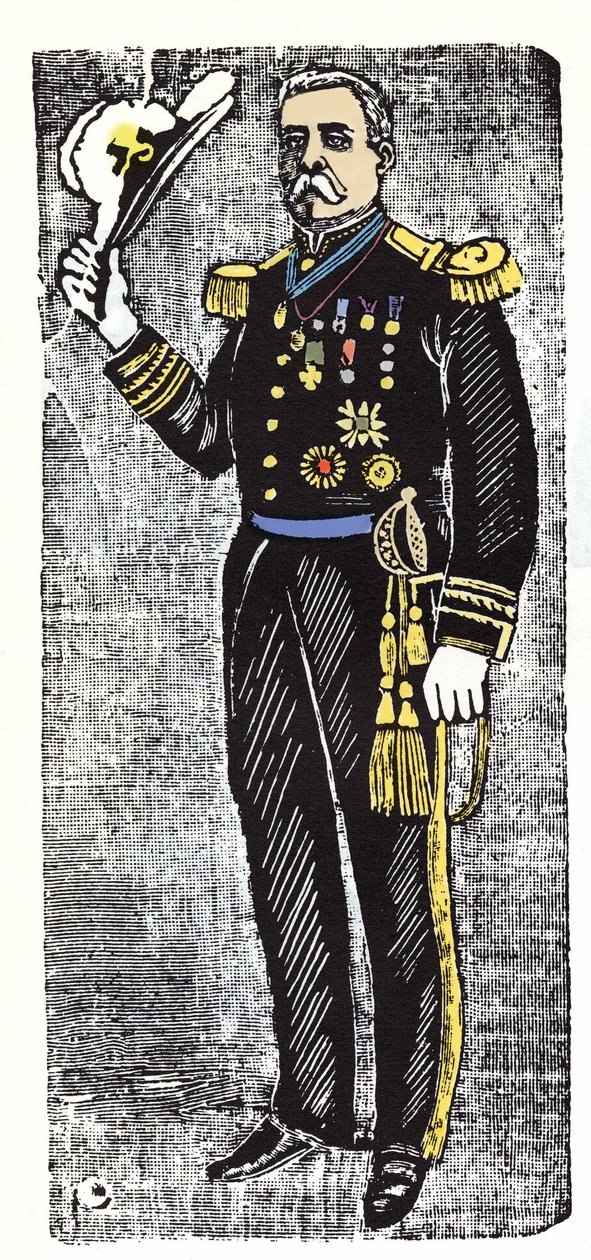 メキシコ革命（1910年〜1920年）の様子。メキシコ共和国大統領ポルフィリオ・ディアス（1828-1915）。キシログラフィーはホセ・グアダルーペ・ポサダ（1852-1913）。 作： ホセ・グアダルーペ・ポサダ