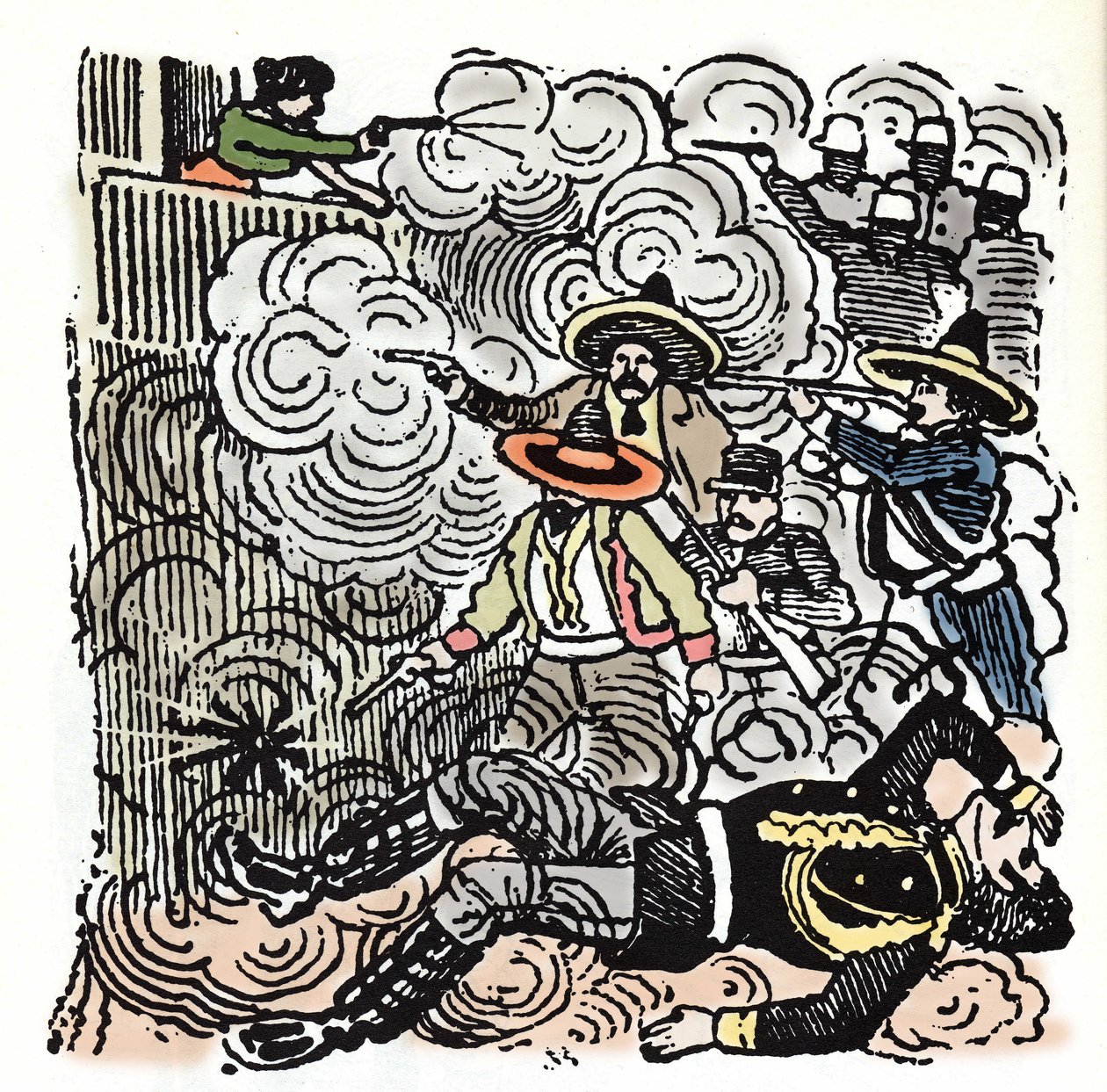 メキシコ革命（1910年～1920年）：アキレス・セルダン（1876年～1910年）の家への襲撃。ホセ・グアダルーペ・ポサダ(1852-1913)によるキシログラフィー。 作： ホセ・グアダルーペ・ポサダ