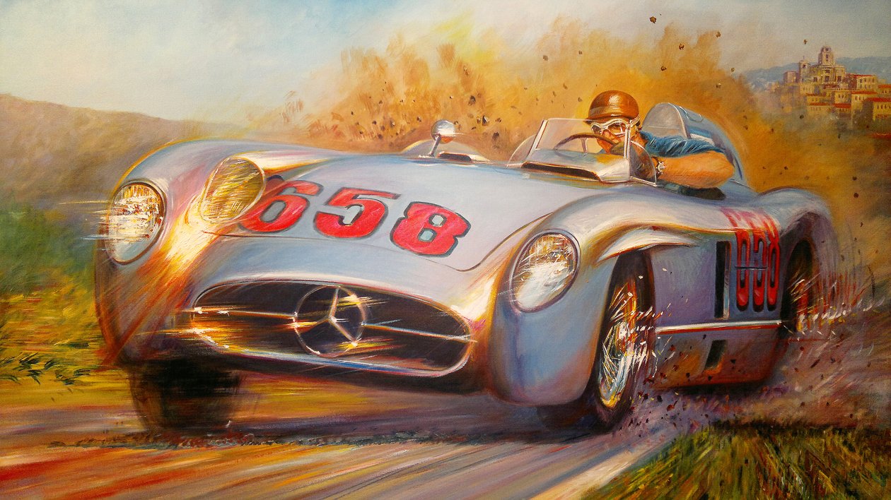 ミッレ ミリアで、ファン マヌエル ファンジオ、メルセデス ベンツ 300 SL 作： ホセ・マリア・ヴィラフエルテ