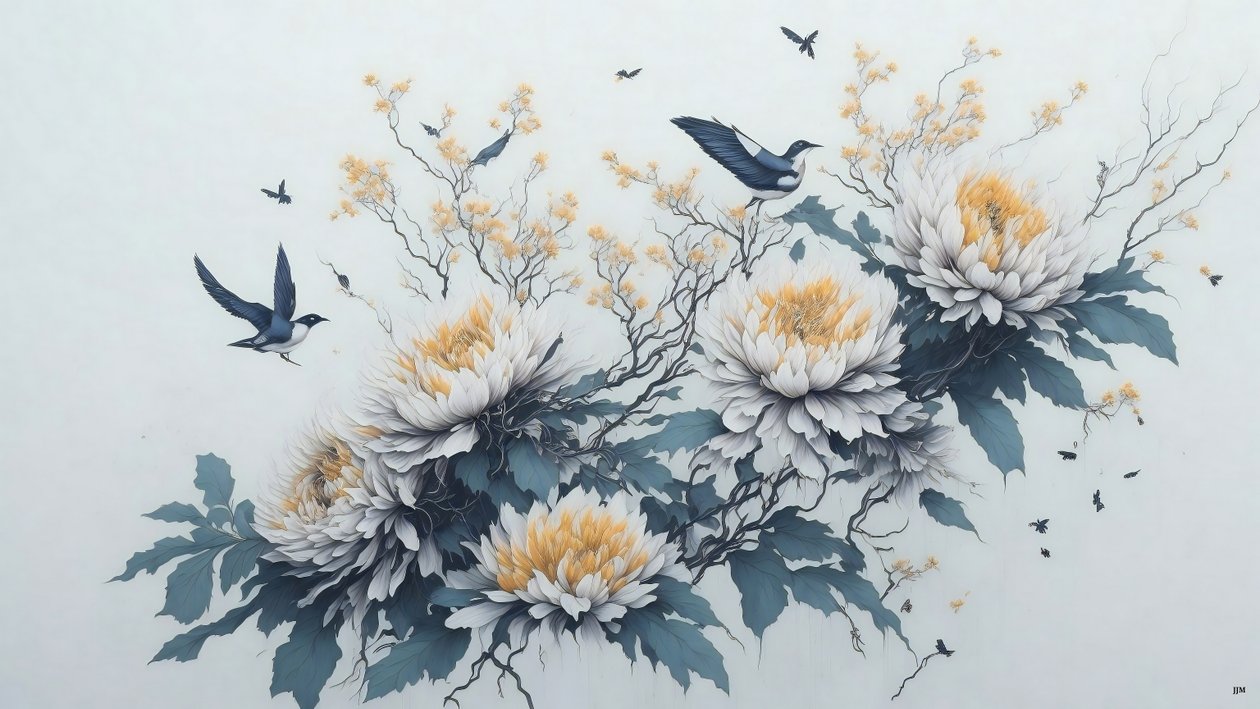 水墨画：菊の花・白_02 作： ジョセフ・ヨハン・マイケル