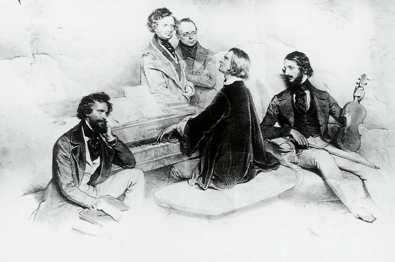 Matinee im Haus von Liszt, von links nach rechts, Kriehuber, Komponist Hector Berlioz, Carl Czerny, Liszts Lehrer, Franz Liszt und Geiger Heinrich Wilhelm Ernst, Lithographie von Josef Kriehuber von Josef Nikolaus Kriehuber