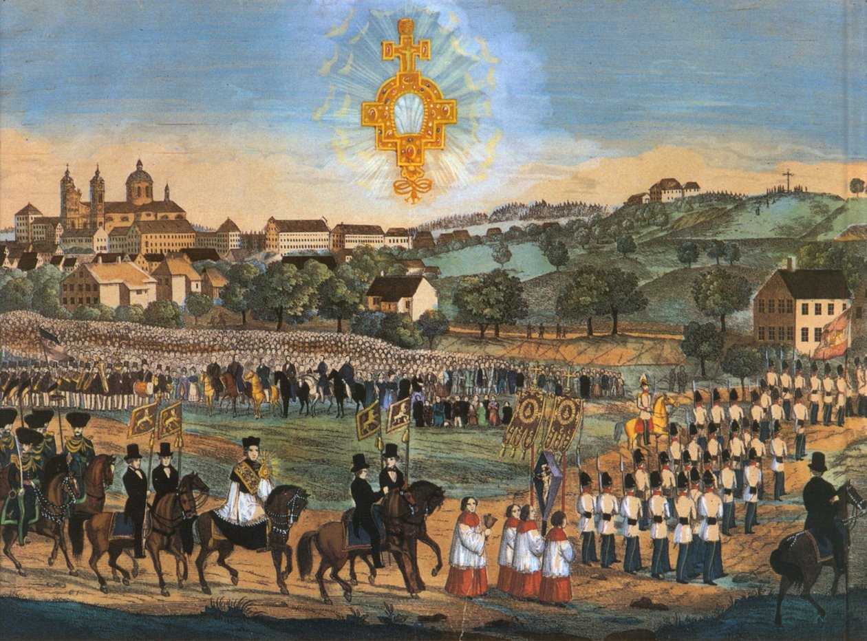 1849年またはその後の数年間のアルトドルフウェインガルテン、ハイリッグバットプロセション。着色されたリトグラフ、空に聖血の遺物がある変種 作： ジョセフ・バイエル