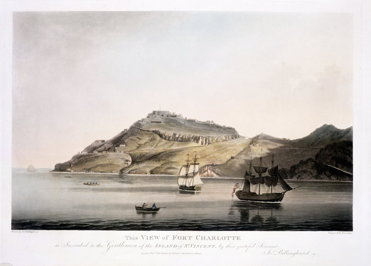 セントビンセント島の彫刻が施されたパブのシャーロット砦の眺め。フランシス・ジューク（1747-1812）、1800（アクアチント色） 作： ジョセフビリングハースト