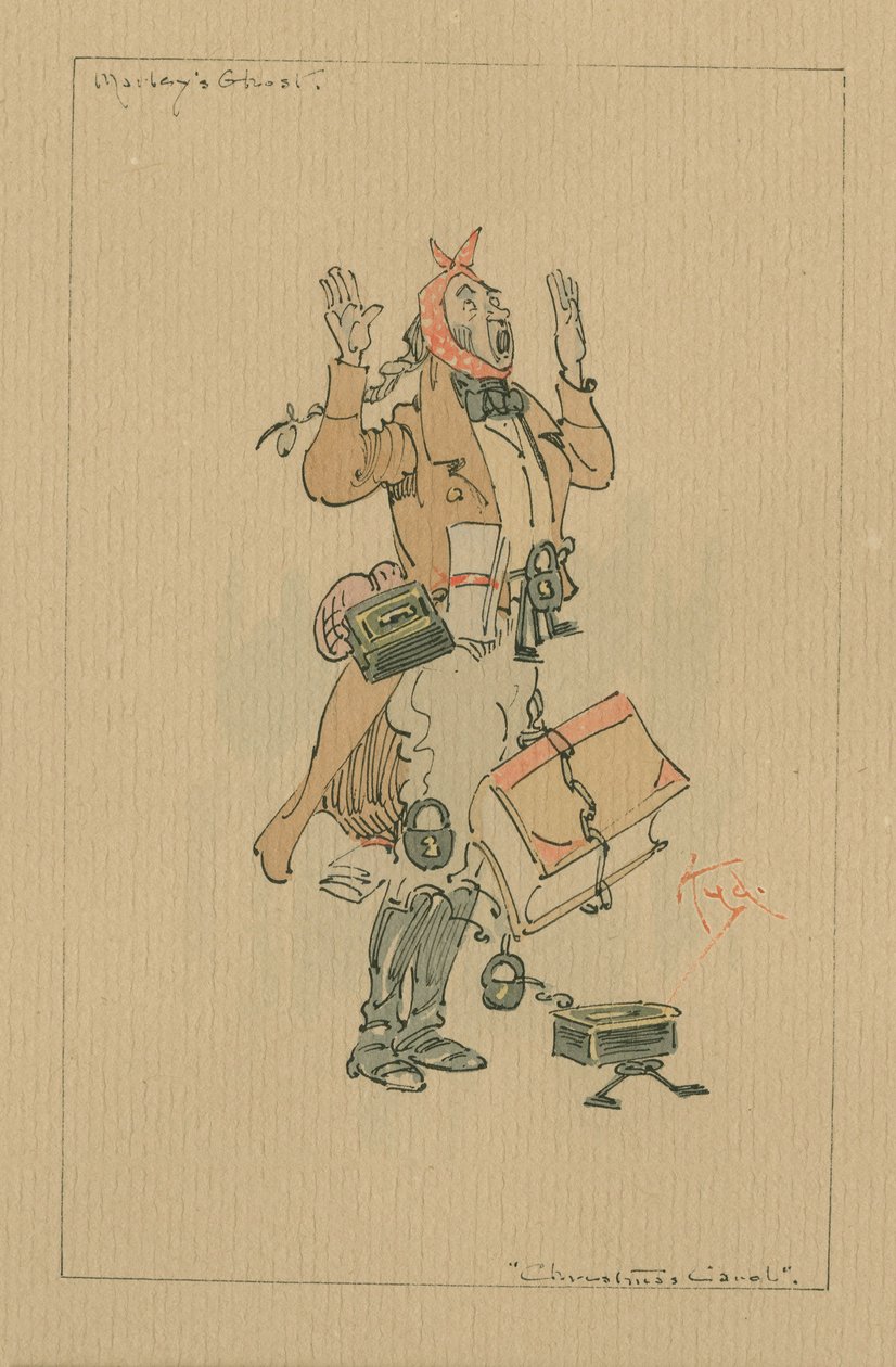 マーリーのゴースト-クリスマスキャロル、1920年代（紙にトイレとペンとインク） 作： ジョセフ・クレイトン・クラーク