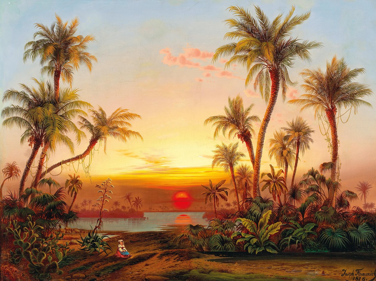 夕方の光の中でヤシの木のある南の風景 作： ジョセフ・フィルメニッヒ