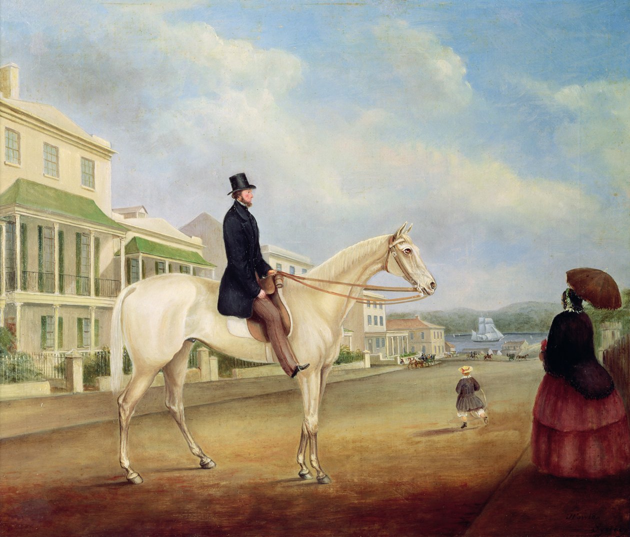 1850年頃、おそらくマッコーリーストリートノースにいる白い馬のライダー 作： ジョセフ・ファウルズ