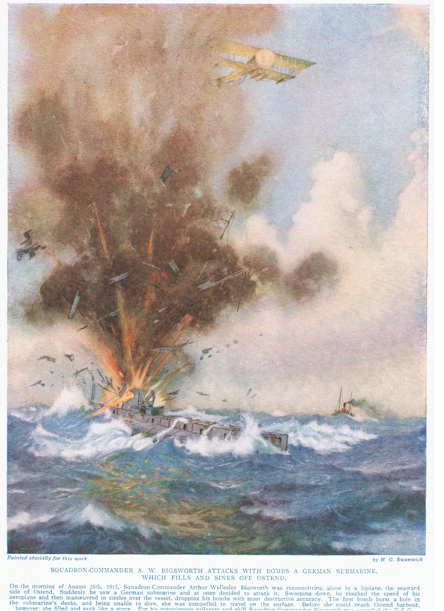 艦隊司令官AWビグスワースがドイツの潜水艦を爆弾で攻撃し、水で満たされ、オステンドを沈めます。 作： ジョセフ・ハロルド・スワンウィック