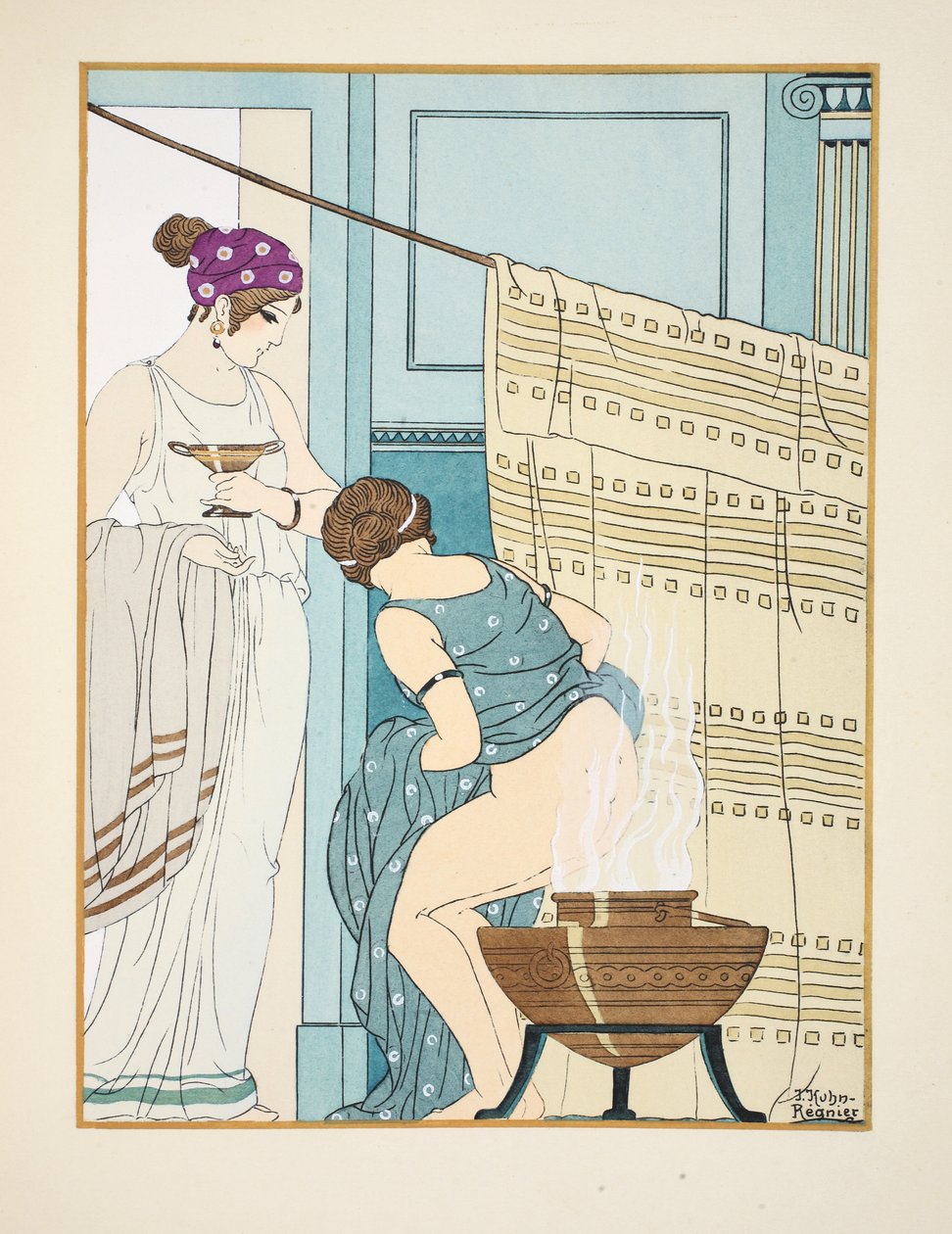 大きな鍋に座っている女性、「ヒポクラテスの作品」、1934年のイラスト 作： ジョゼフ・クーン・レニエ