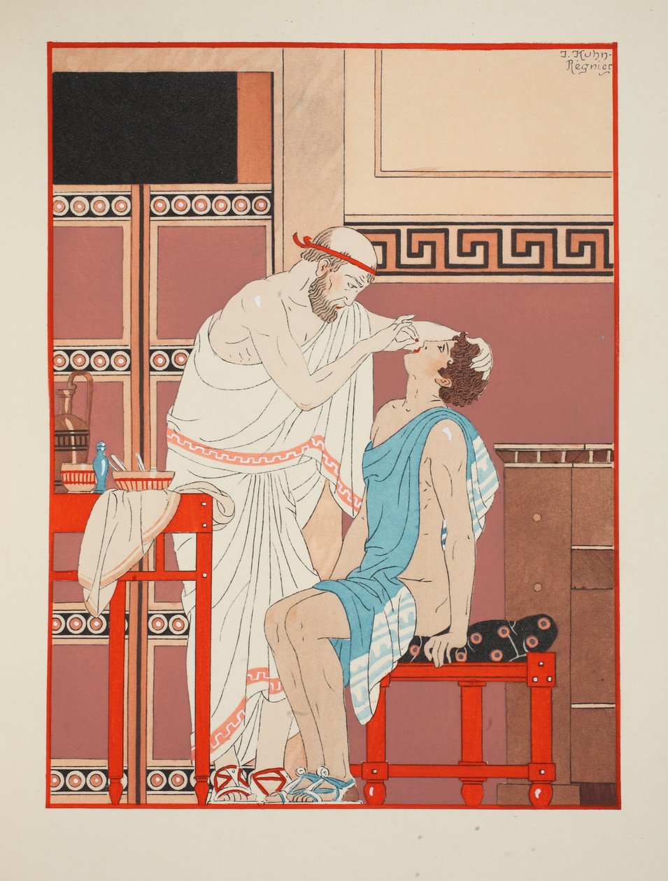 熱があるときに鼻孔で使用された薬、「ヒポクラテスの働き」、1934年のイラスト 作： ジョゼフ・クーン・レニエ