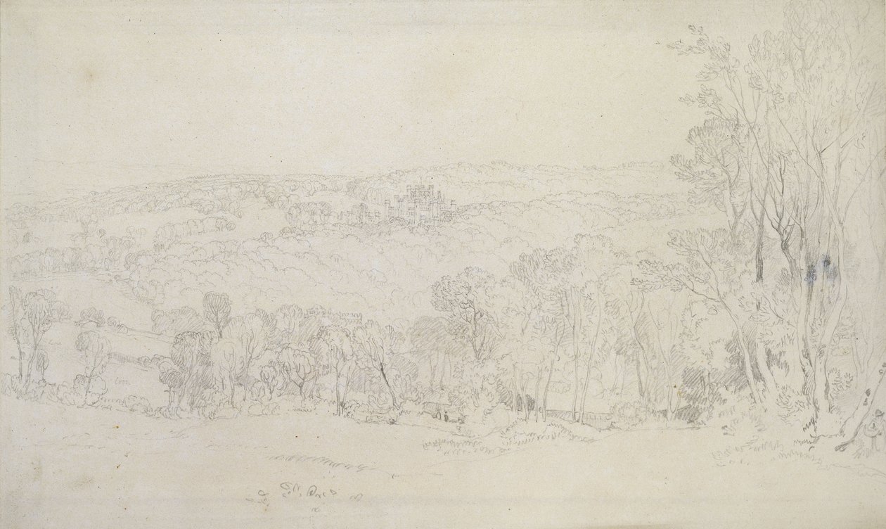ローザー城の遠景（公園のシーン）、1809（紙の上にグラファイト） 作： ジョセフ・マロード・ウィリアム・ターナー