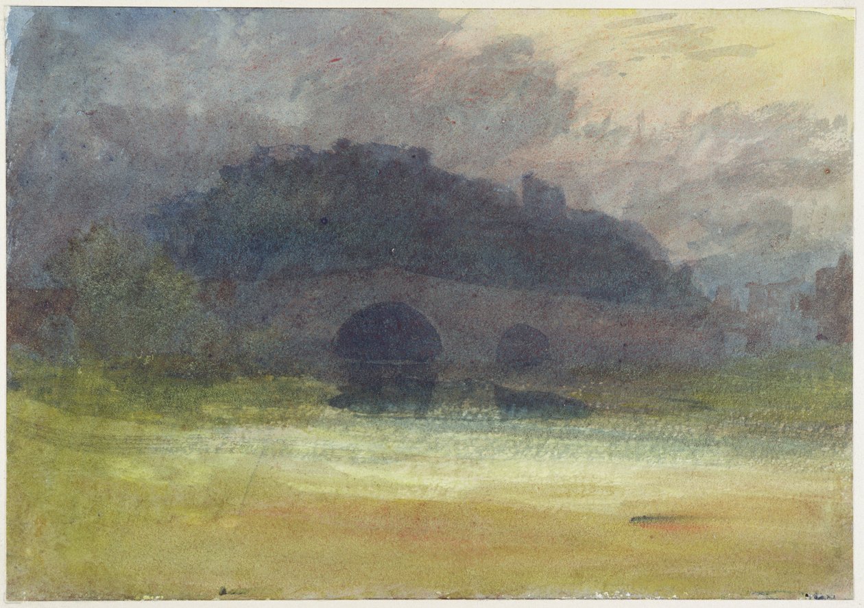 ヨークシャーの城と橋のある夜の風景、c.1798-99（織り紙にトイレ） 作： ジョセフ・マロード・ウィリアム・ターナー