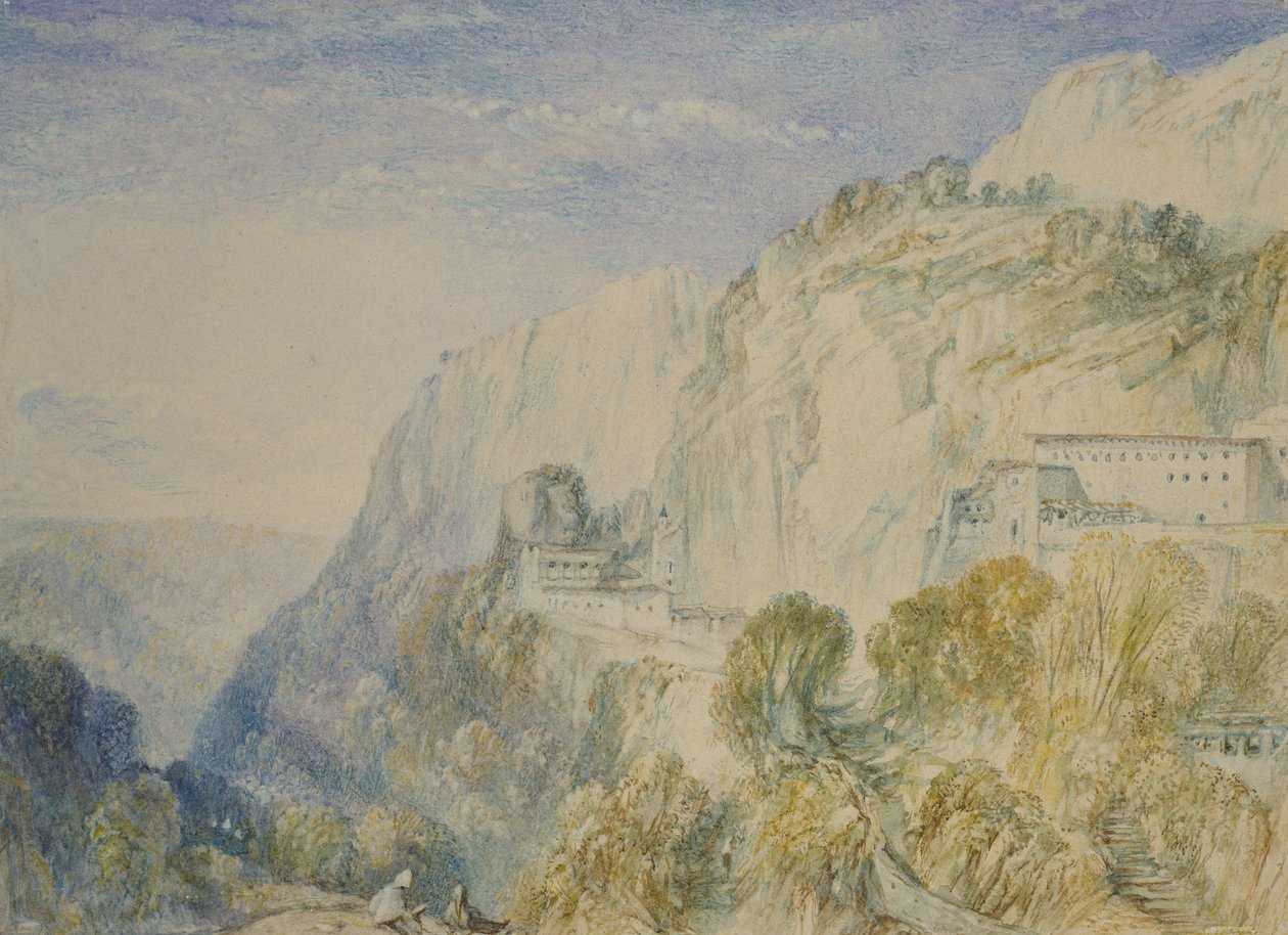 レバノン山と聖アントニオ修道院、1832-34年（ペンと茶色のインクで黒鉛の上に水彩） 作： ジョセフ・マロード・ウィリアム・ターナー