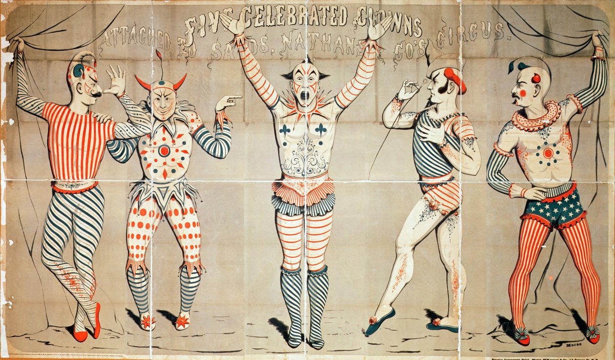 サンズに取り付けられた5人の有名な道化師、ネイサンとサーのサーカス、1856年（色の木版画） 作： ジョセフ・モース