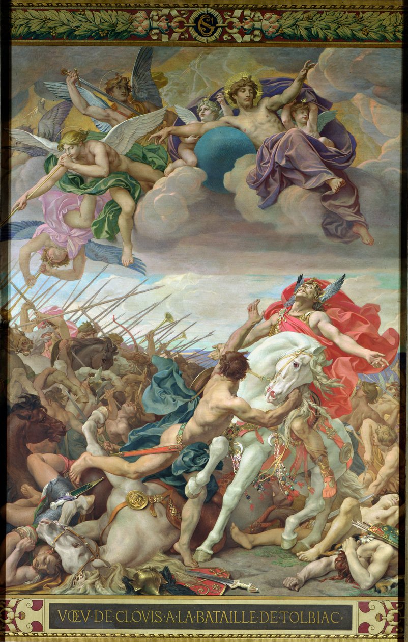 506年のトルビアックの戦いでの右の翼廊からのクロービスの誓い（465-511）（壁画） 作： ジョセフ・ポール・ブラン