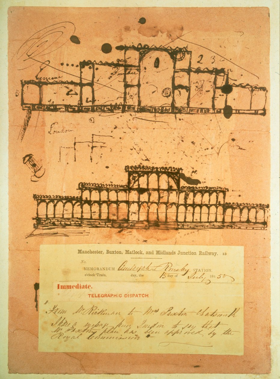 1851年、1850年の大展覧会のために建てられたクリスタルパレスのスケッチ（ブロッティングペーパーにインク） 作： ジョセフ・パクストン