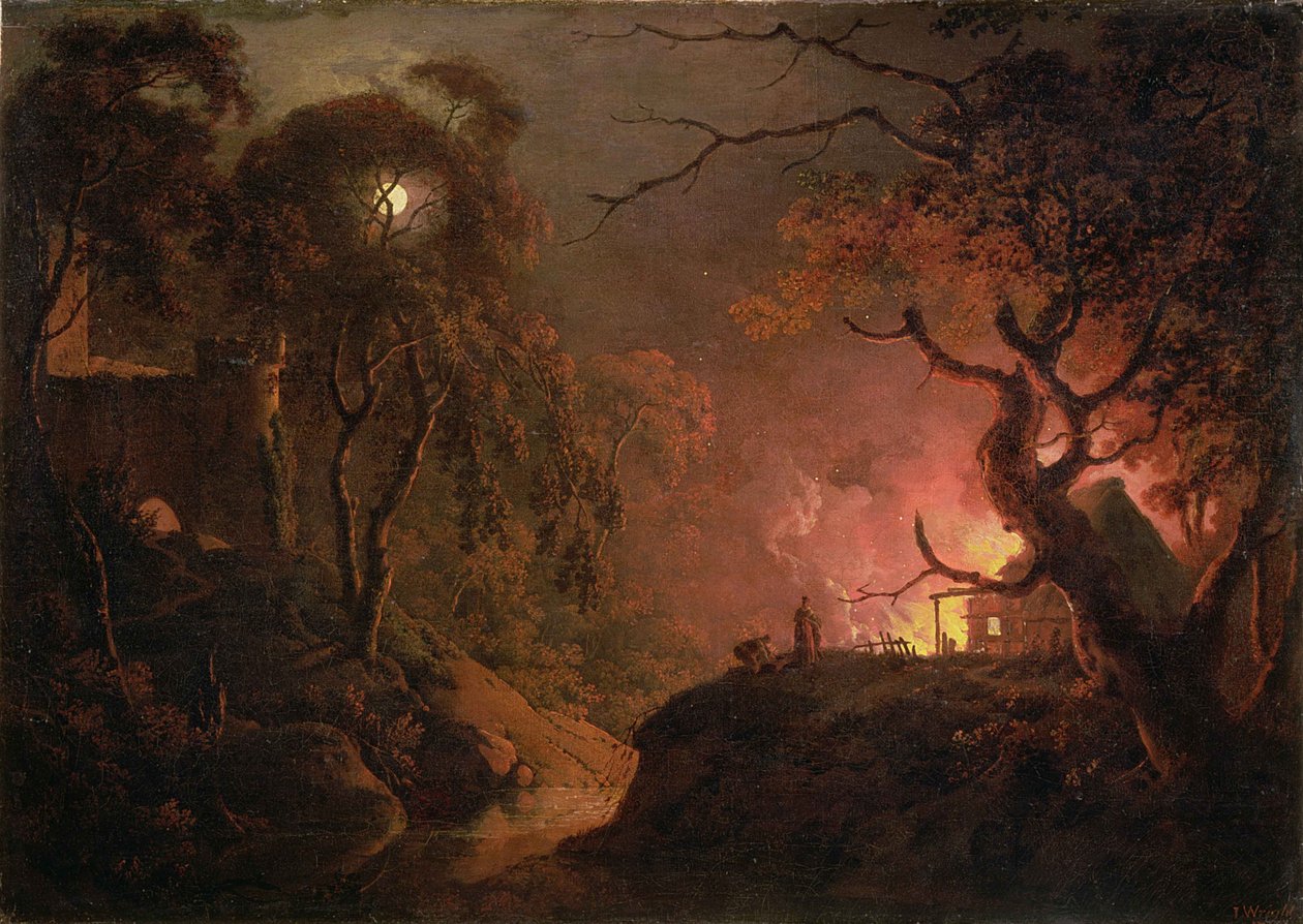 夜の火のコテージ、1785-93年 作： ダービーのジョセフライト