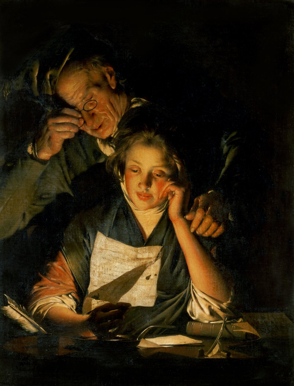 手紙を読んでいる老人が肩越しに読んでいる少女、c.1767-70 作： ダービーのジョセフライト