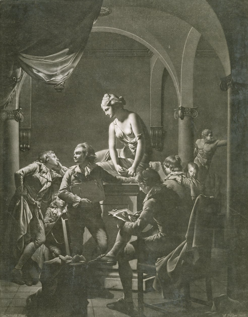 ウィリアムペザー（c.1738-1821）c.1772（メゾチント）によって彫刻されたドローイングアカデミー 作： ダービーのジョセフライト