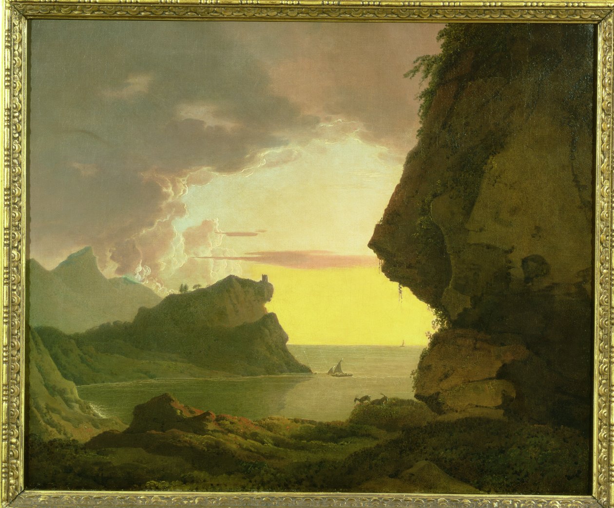 ナポリ近くの海岸に沈む夕日、1785-90年 作： ダービーのジョセフライト