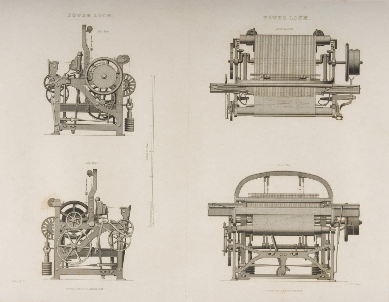 パワー織機の4つのビュー、c.1830（リトグラフ） 作： ジョセフ・ウィルソン・ローリー