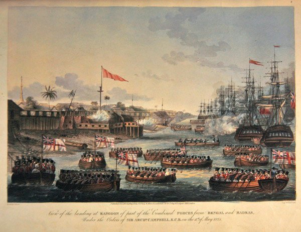 1825年5月11日、サー・アーチボルド・キャンベルの命令を受けたベンガルとマドラスの連合軍の一部がラングーンに上陸した様子、Henry Pyall（1795-1833）による刻印、1825年（手彩色アクアチント）。 作： ジョセフ（後）ムーア
