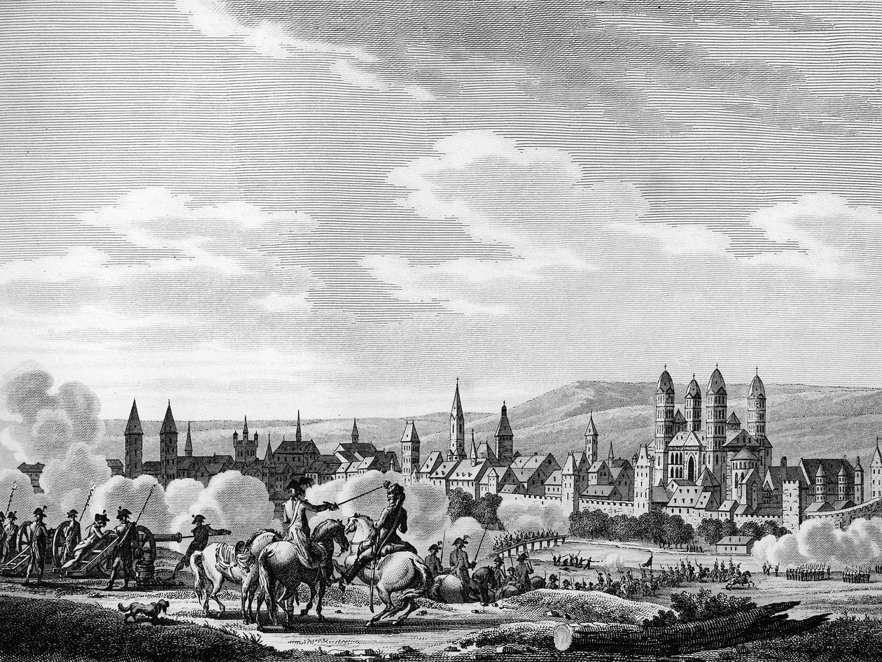 フランス革命とプロイセンの反革命運動。1792年10月、ドイツのシュパイアー市（ドイツ語でSpeyer）の占領。スウェバックの後にベルソーが描いたエングレーヴィング。パリ、革命史研究所の図書館 作： ジョセフ（後）Swebach Desfontaines