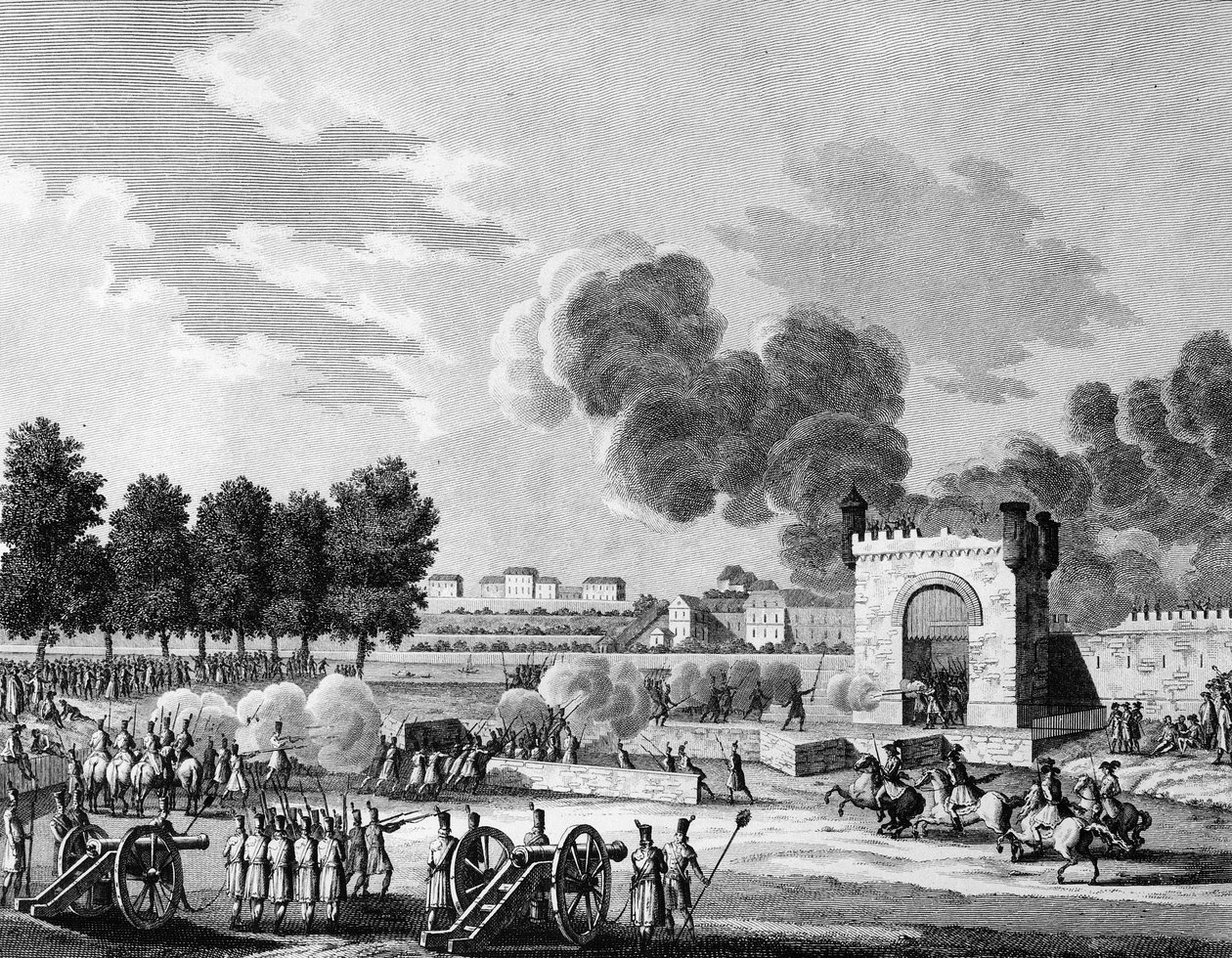 フランス革命。1794年10月21日、パリのシャンゼリゼで行われた若い学生たちの戦い、共和国のフェット・デ・ヴィクトワール。Swebach - Desfontainesの後にMalapeauが描いた版画。パリ、革命史研究所の図書館 作： ジョセフ（後）Swebach Desfontaines