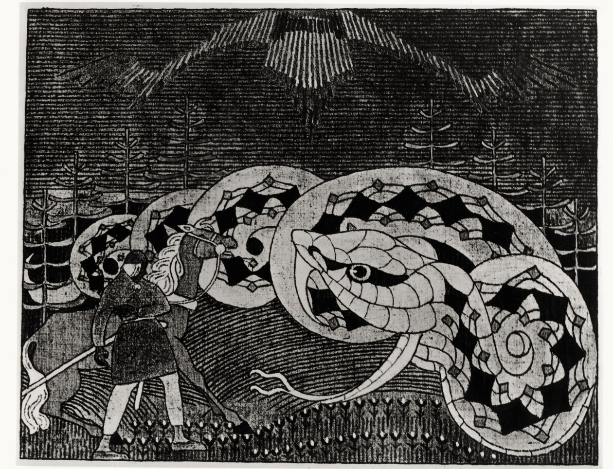ヘビの畑を耕すSeppo Llmarinen、「Kalevala」のイラスト、エリアス・ロンロット（1802-84）（彫刻）（bw写真） 作： ジョセフ・アラネン