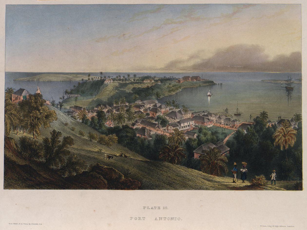 ポート・アントニオ、ジャマイカジョセフ・バーソロミュー・キッド（1808-1889）によるリトグラフ（42x57.2cm） 作： ジョセフ・バーソロミュー・キッド
