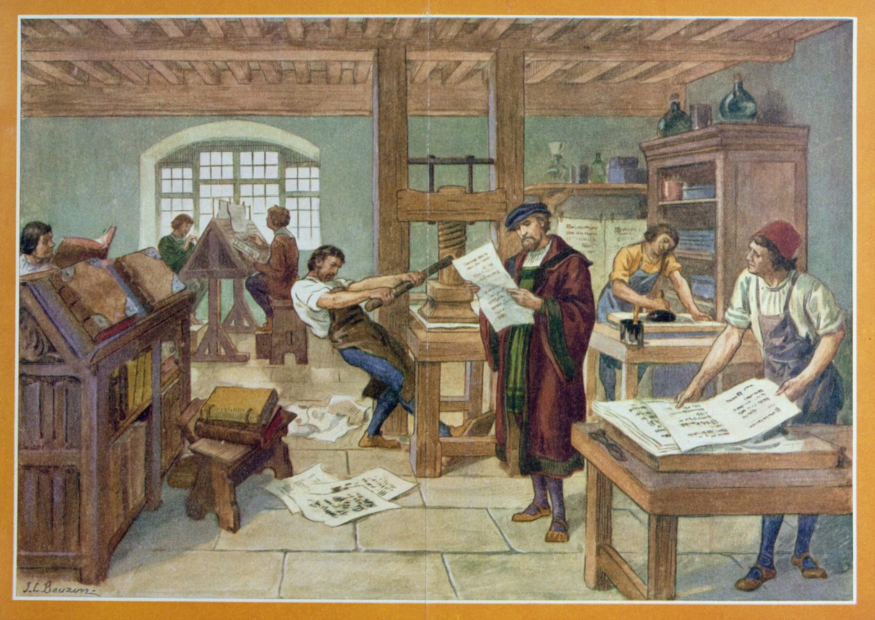 グーテンベルクによるムーバブル タイプ印刷の発明、A. Aymard 著「First Book of French History」のイラスト、アシェット発行 作： ジョセフ・ブゾン