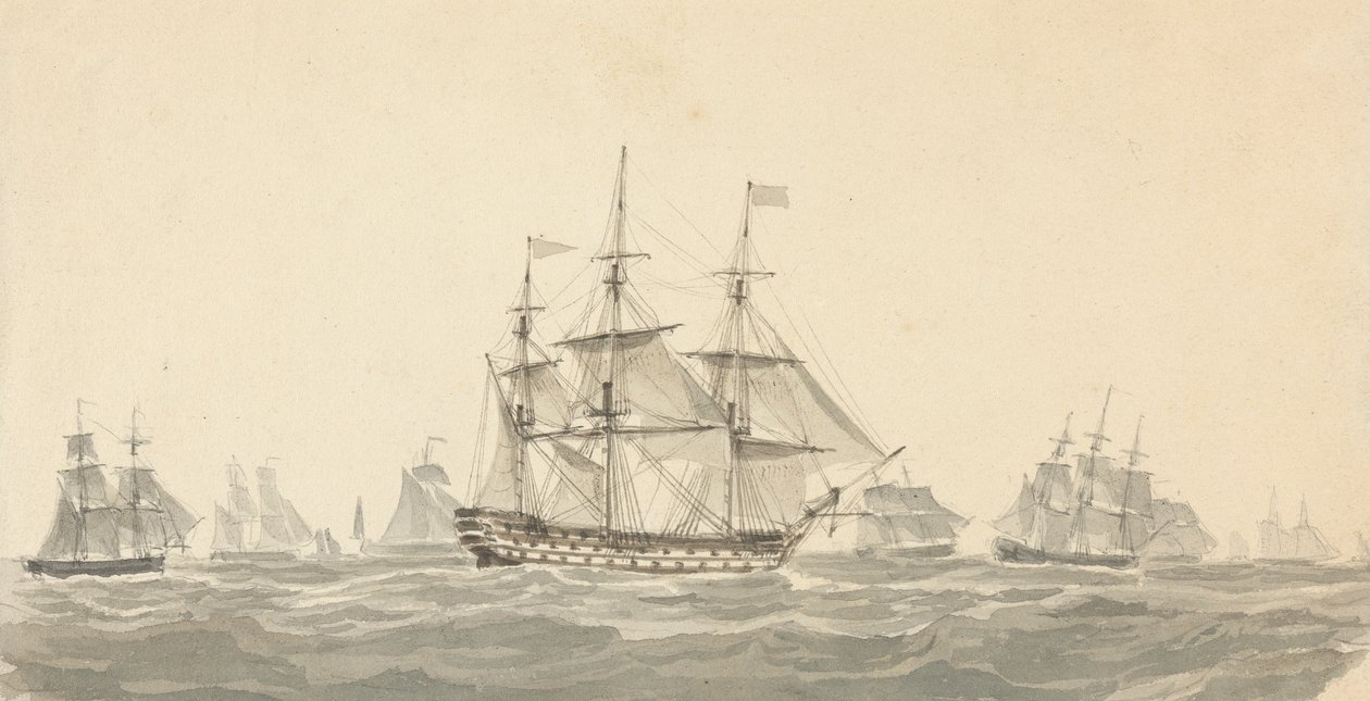 荒れた海で他のいくつかに囲まれた戦艦の側面図 作： ジョセフ・カートライト
