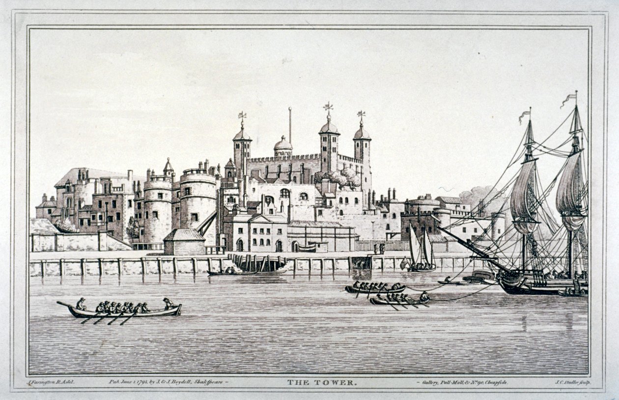テムズ川に浮かぶ船とロンドン塔の南側の風景（1795年 作： ジョセフ・コンスタンティン・スタドラー