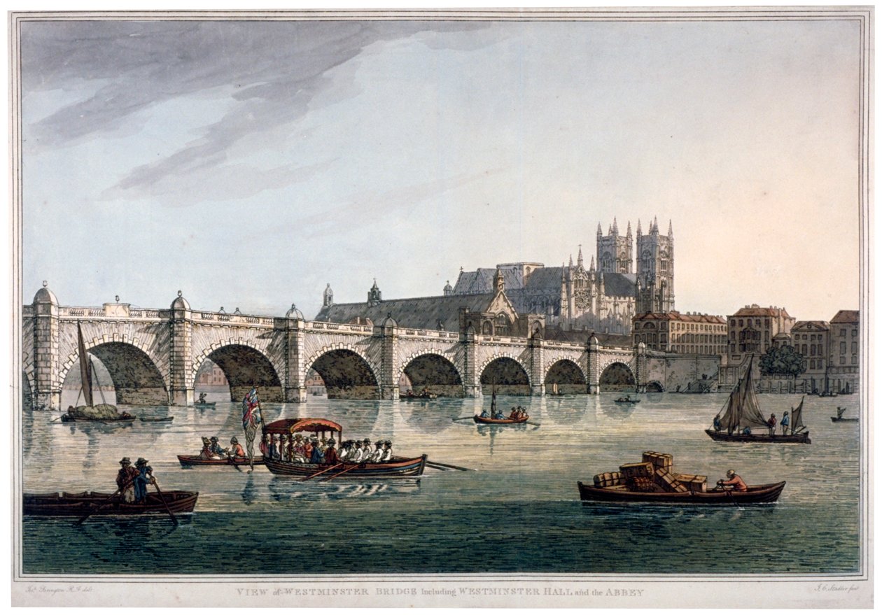 ウェストミンスター橋、ウェストミンスター寺院とウェストミンスター ホール、ロンドン、1789 年。 作： ジョセフ・コンスタンティン・スタドラー