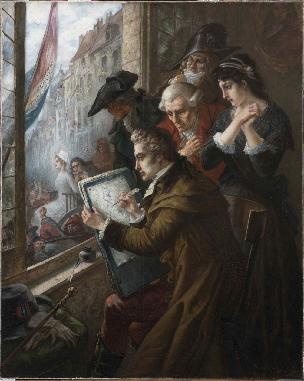 処刑されるマリー・アントワネットを描く画家ジャック＝ルイ・ダヴィッド（1793年、1900年）。 作： ジョセフ・エマニュエル・ヴァン・デン・ブッシェ