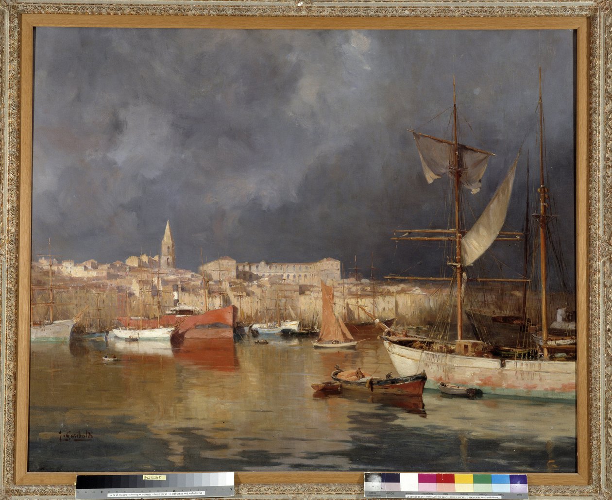 荒天時のマルセイユの旧港 ジョセフ・ガリバルディ (1863-1941) による絵画 1914 作： ジョセフ・ガリバルディ