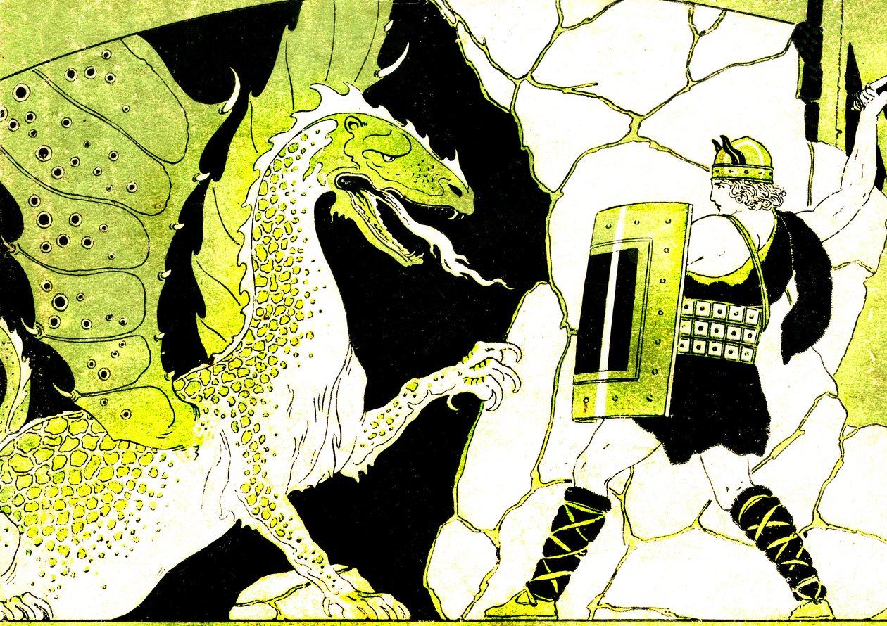 ジークフリートがドラゴンと戦うニーベルンゲンの伝説。ジョセフ・クーン・レニエ（Kuhn-Regnier）（1873-1940）による挿絵。Fernand Nathan 20世紀初頭。 作： ジョゼフ・クーン・レニエ