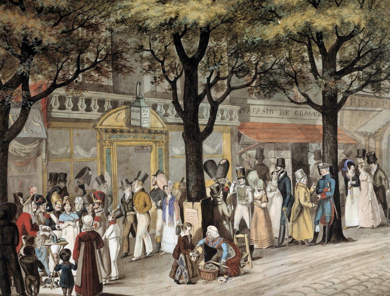 1819年のパリの大通りを歩く Joseph Louis Bellange (1800-1866) による水彩画 1819年 Paris, Musee Carnavalet 作： ジョセフ・ルイ・ヒポリット・ベランジュ