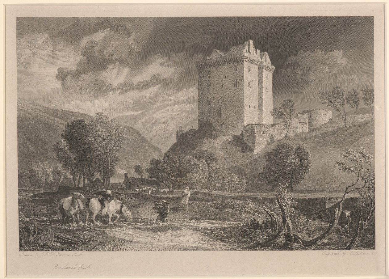 ボースウィック城 (地方の古美術品とスコットランドの美しい風景)、ヘンリー・ル・キュー (1775-1851) によって彫刻 作： ジョセフ・マロード・ウィリアム（後）・ターナー