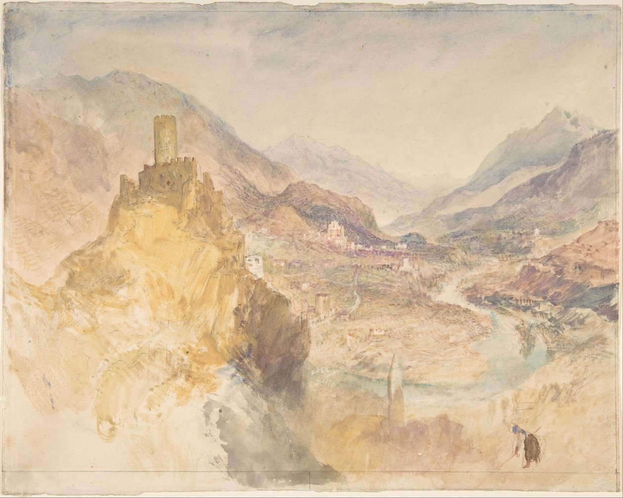 ヴィルヌーヴ上方から見たシャテル・アルジャンとアオスタ渓谷 作： ジョセフ・マロード・ウィリアム・ターナー