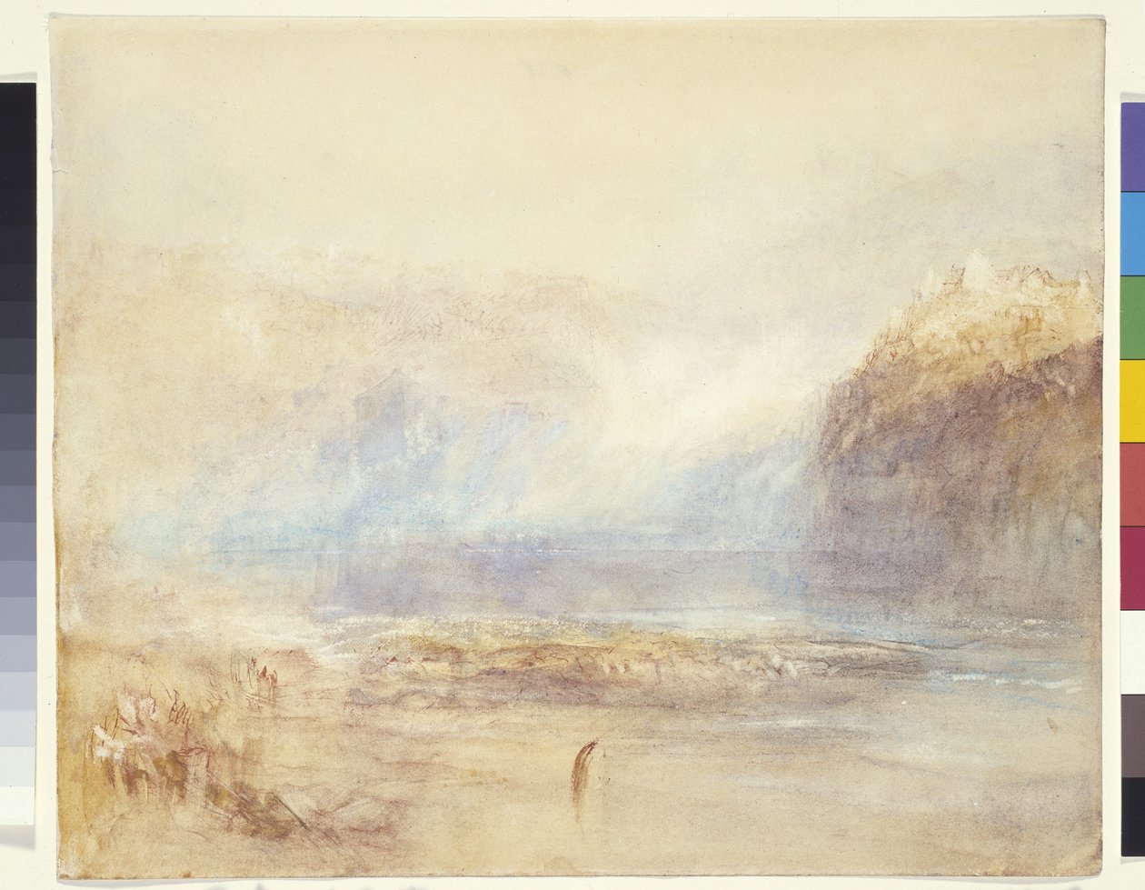 Falls Of The Rhine At Schaffhausen - Distant View (aquarela, caneta e tinta vermelha sobre lavagem cinza em papel branco) 作： ジョセフ・マロード・ウィリアム・ターナー