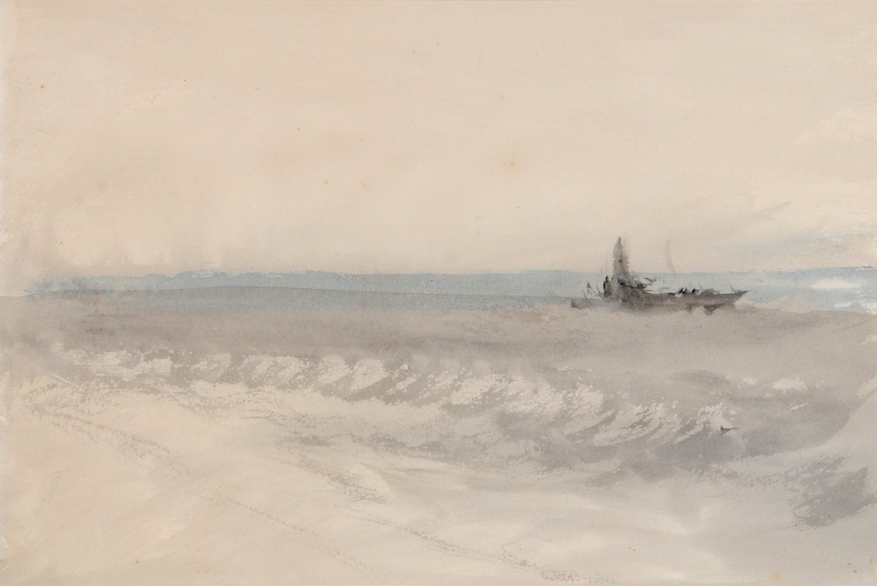 灰色の海、岸を走るボート 1845-50年頃（紙に水彩 作： ジョセフ・マロード・ウィリアム・ターナー