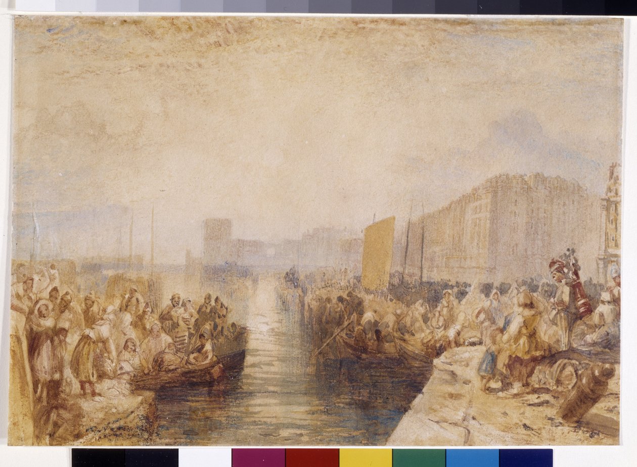 Le Havre: Sunset (白い紙にペンと赤インクで強化された水彩画) 作： ジョセフ・マロード・ウィリアム・ターナー