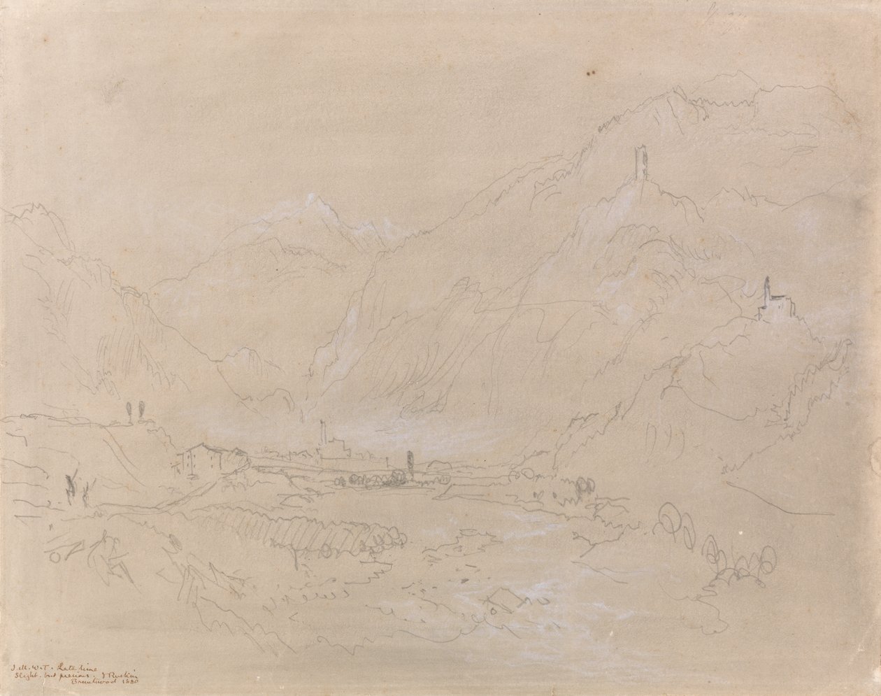 渓谷の町のある山岳風景、1840年頃（紙に黒鉛と灰色のウォッシュ） 作： ジョセフ・マロード・ウィリアム・ターナー