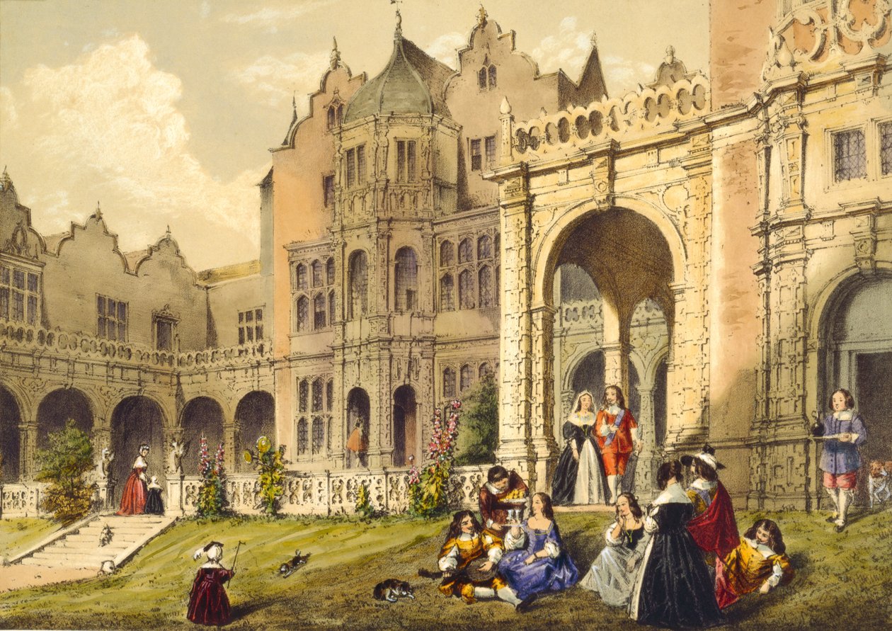 「中世の建築」、1838年にケンジントンのホーランドハウスのテラスの芝生でリフレッシュ 作： ジョセフ・ナッシュ