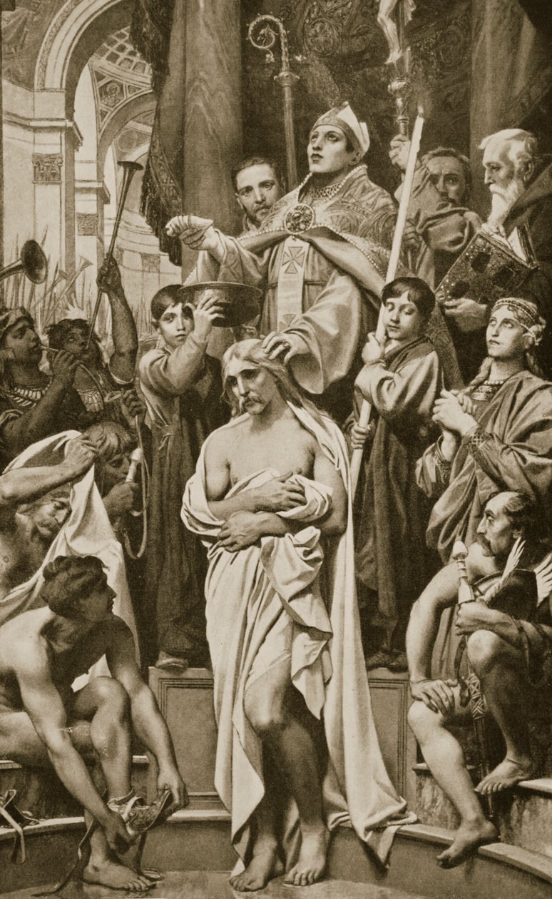クロービスの洗礼、Rheims、496 AD、「ハッチンソンの国家の歴史」からのイラスト、1915 作： ジョセフ・ポール・ブラン