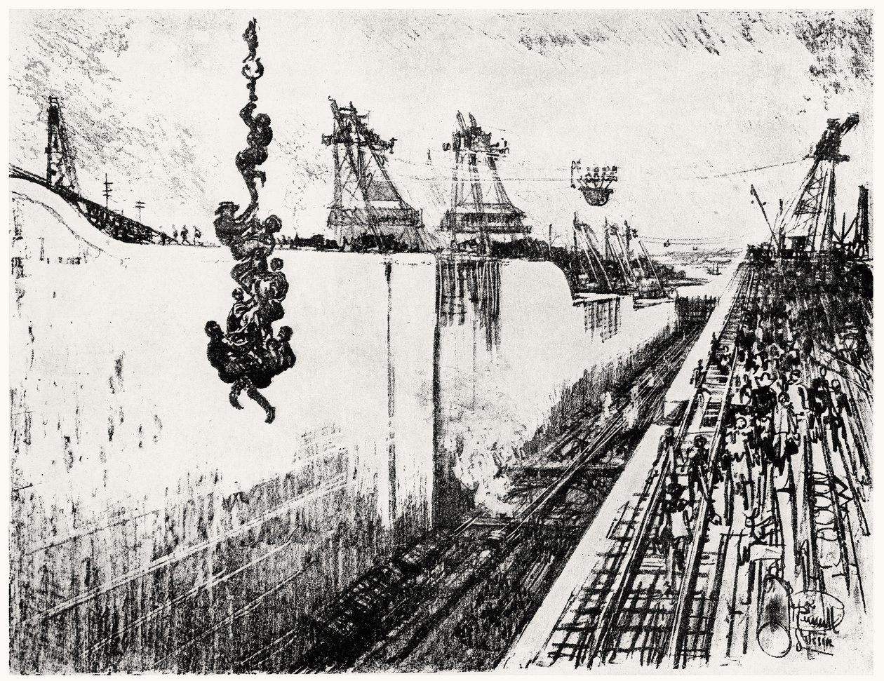ガトゥンでのディナータイム、ジョセフペンネルによるパナマ運河のプレートIII、1912年（紙に炭） 作： ジョセフ・ペネル