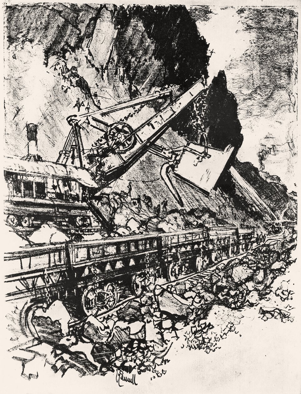Steam Shovel Work：Culebra Cut、plate XIV from the Panama Canal、Joseph Pennell、1912（木炭紙） 作： ジョセフ・ペネル