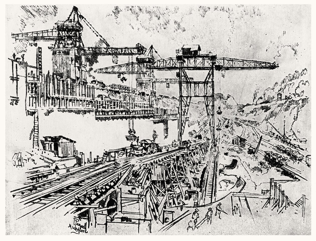 ミラフローレス水門の壁、ジョセフペネル作のパナマ運河のプレートXXIII、1912年（紙に炭） 作： ジョセフ・ペネル
